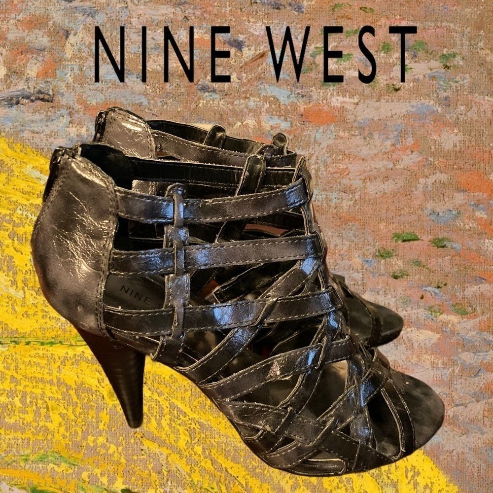 Nine West Pewter/Black Woven Zipper Heels 7.5